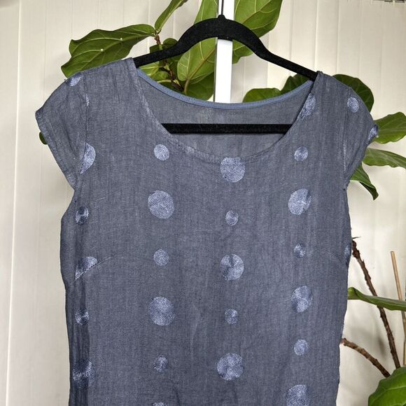 Linen Dress Made In Italy Blue Embroidered Dots Pockets Size M - Picture 2 of 6